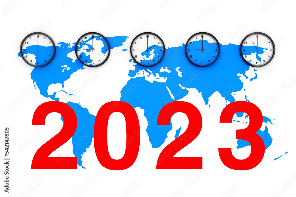 Poster Set of Clocks with Different World Time, Blue World Map and New 2023 Year Sign. 3d Rendering