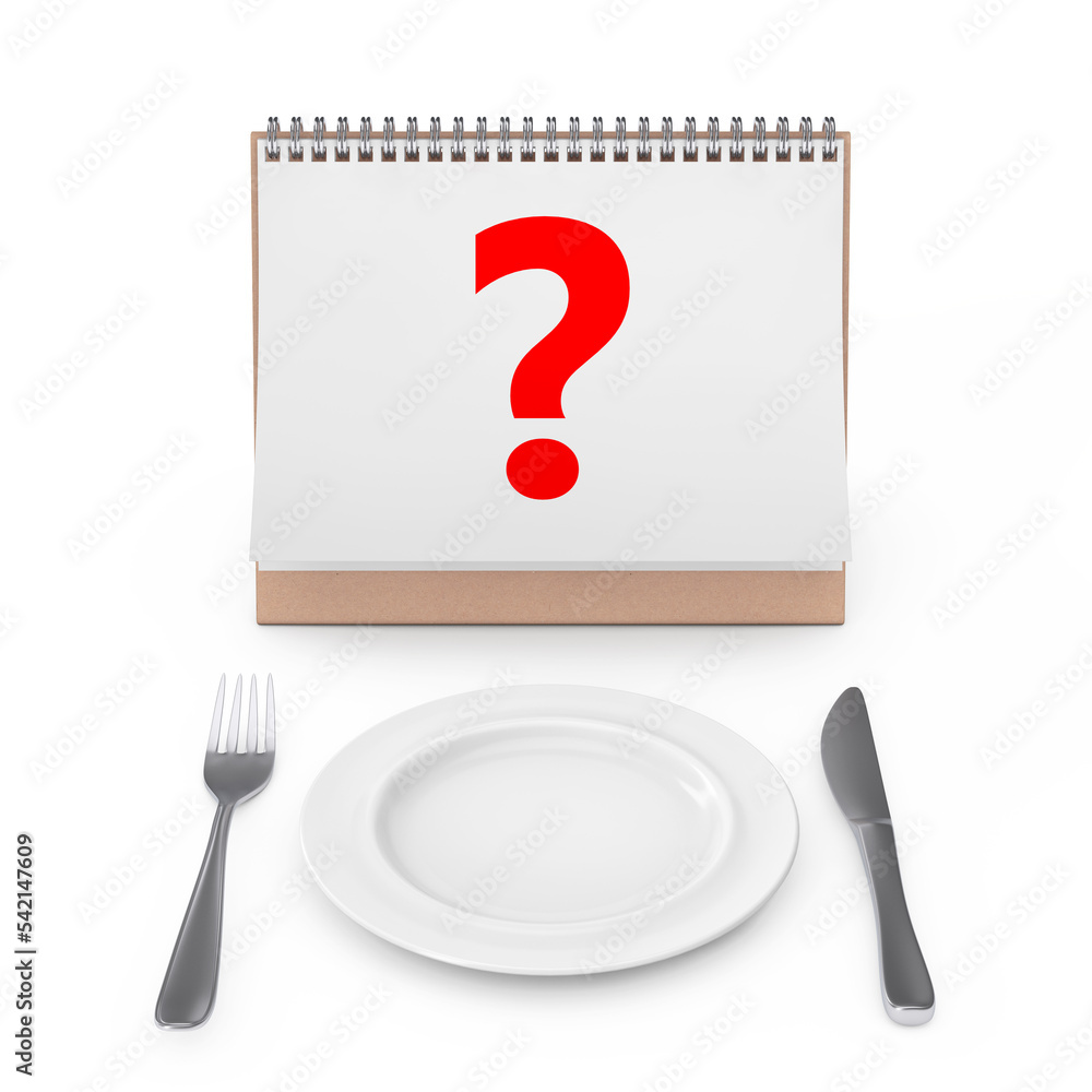Leinwandbilder desk calendar with question mark near fork, knife and empty plate. 3d rendering
