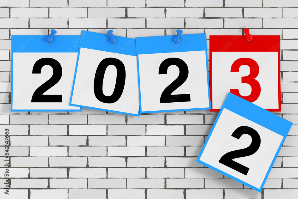 Poster new 2023 year start concept. calendar sheets with 2023 new year sign. 3d rendering