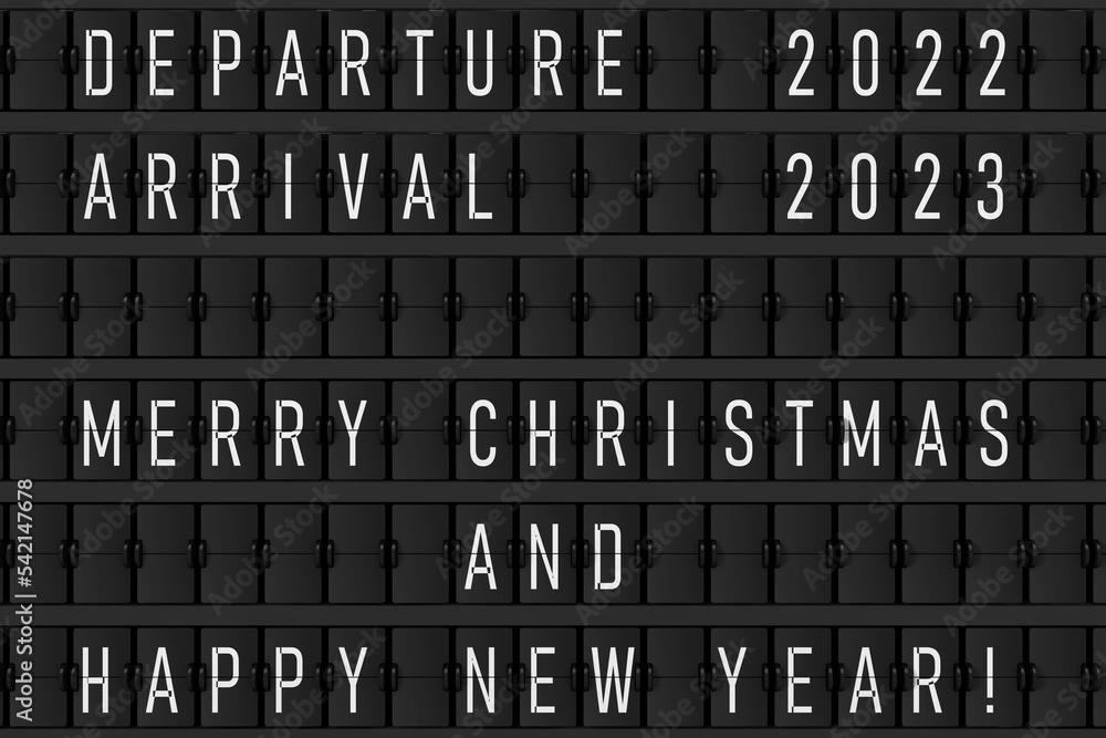 Poster airport announcement flip mechanical timetable with hapy merry christmas and happy new 2023 year sig