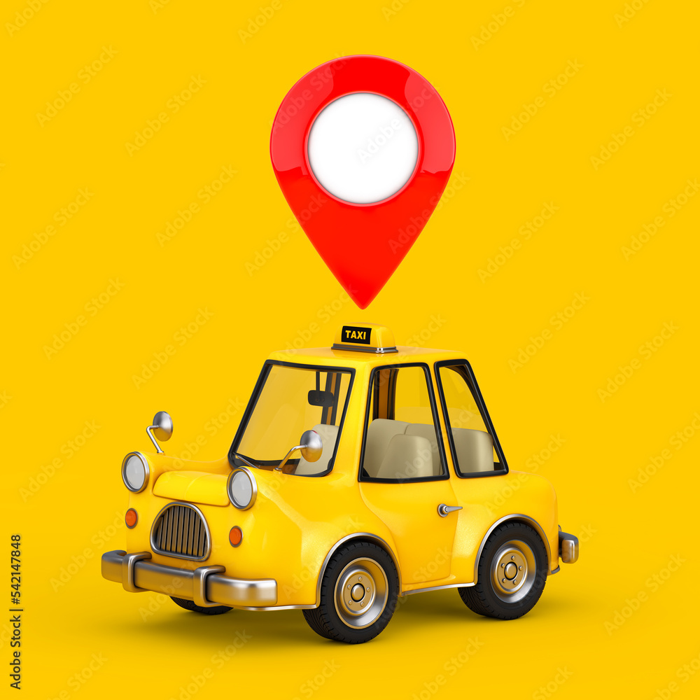 Poster yellow cartoon taxi car with red map pointer pin. 3d rendering