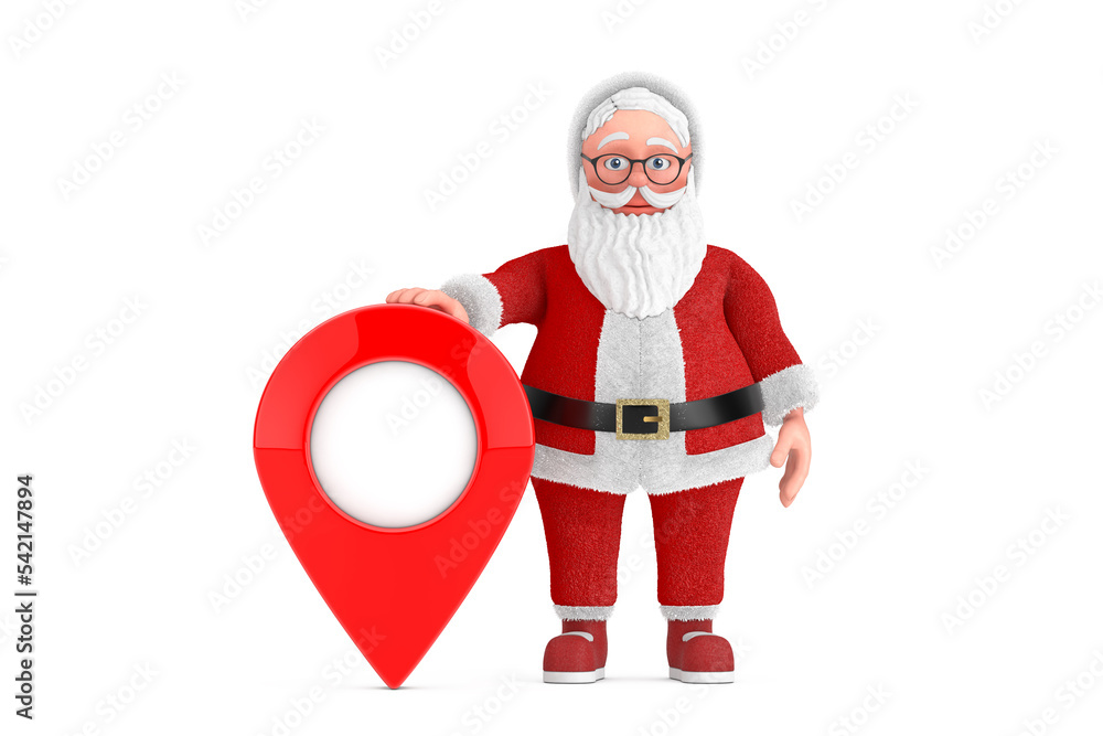 Poster cartoon cheerful santa claus granpa with red map pointer target pin. 3d rendering