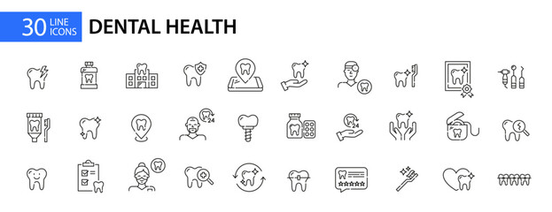 30 oral hygiene and dental health icons set. Pixel perfect, editable stroke line