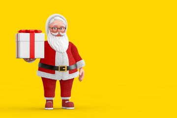 Fototapeta na wymiar Cartoon Cheerful Santa Claus Granpa with Gift Box and Red Ribbon. 3d Rendering