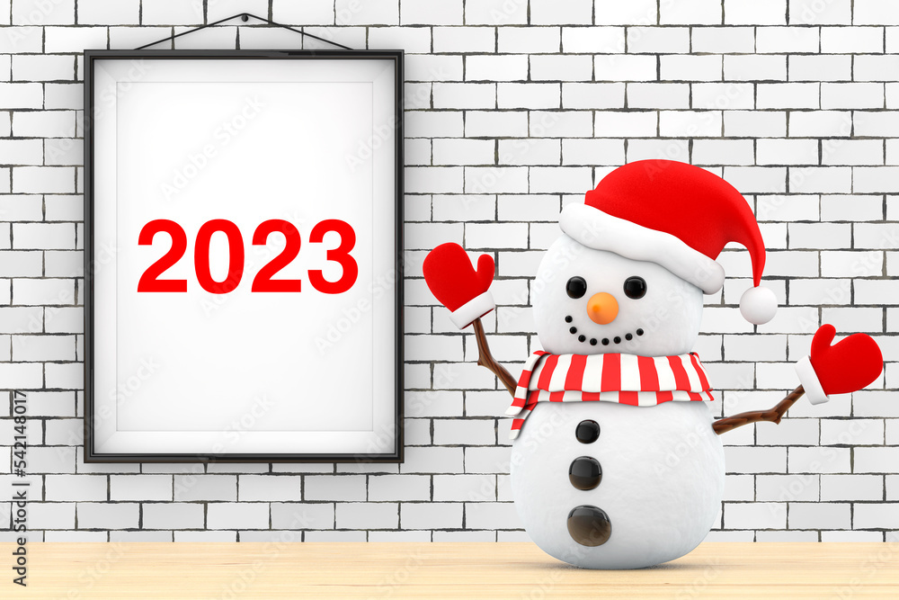 Aufkleber Snowman in front of Brick Wall with Frame 2023 Sign. 3d Rendering
