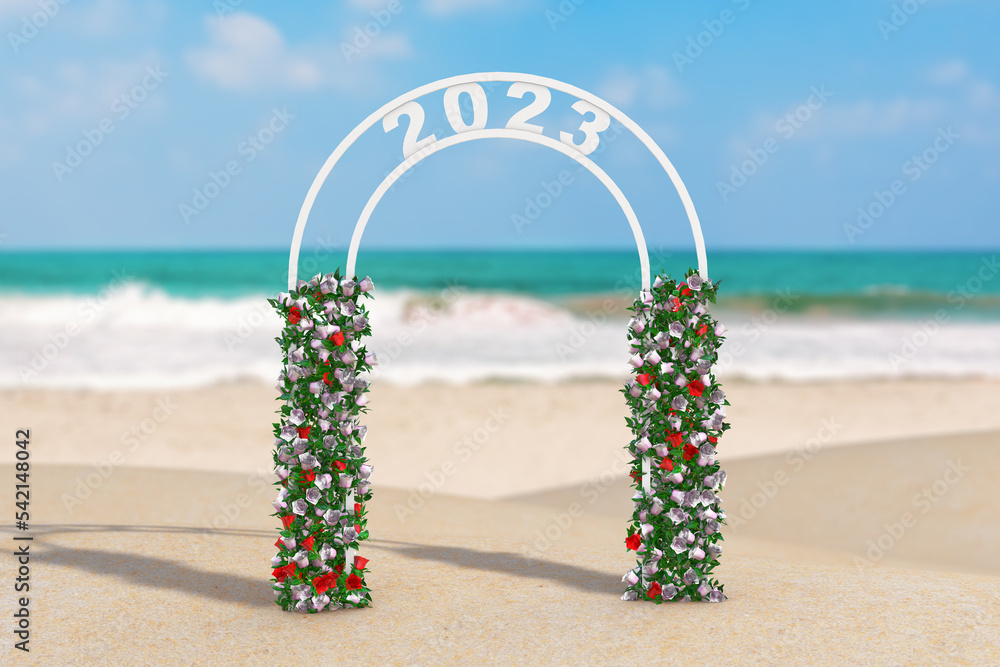 Poster welcome to 2023 new year concept. beautiful decor arc, gate or portal with flowers and 2023 sign on 