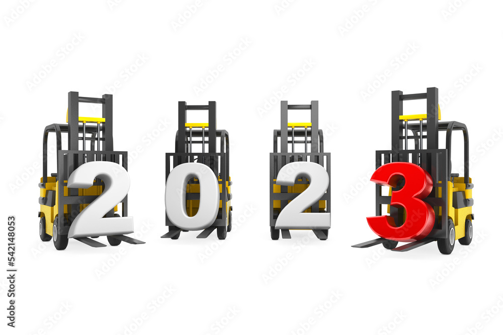 Aufkleber Forklift Trucks with 2023 New Year Sign. 3d Rendering