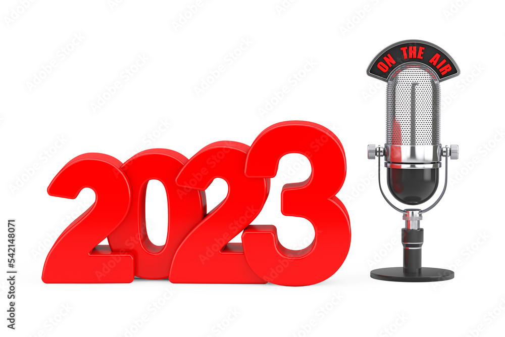 Aufkleber 2023 New Year Concept. Red 2023 New Year Sign with Microphone and On The Air Sign. 3d Rendering