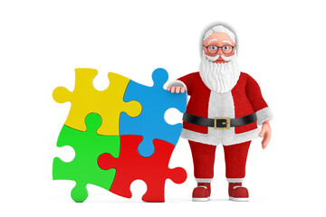 Cartoon Cheerful Santa Claus Granpa with Four Pieces of Colorful Jigsaw Puzzle. 3d Rendering
