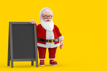 Cartoon Cheerful Santa Claus Granpa with Blank Wooden Menu Blackboards Outdoor Display. 3d Rendering