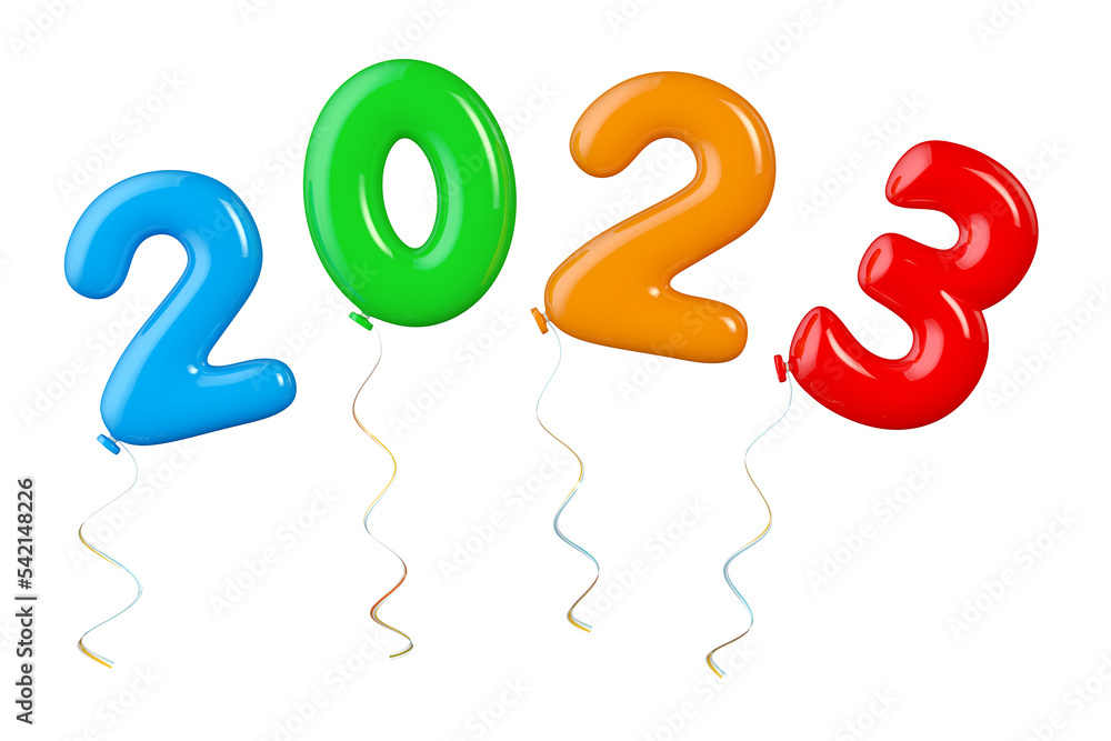 Poster multicolour balloons as 2023 new year sign. 3d rendering