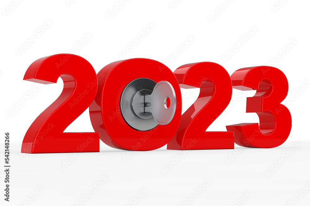 Aufkleber New 2023 Year Sign with Key. 3d Rendering