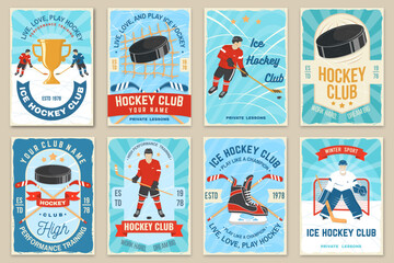 Ice Hockey club flyer, brochure, banner, poster. Concept for shirt or logo, print, stamp or tee. Winter sport. Vintage typography design with player, sticker, puck and skates silhouette. Vector.