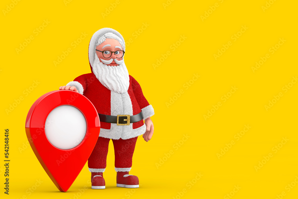 Poster cartoon cheerful santa claus granpa with red map pointer target pin. 3d rendering