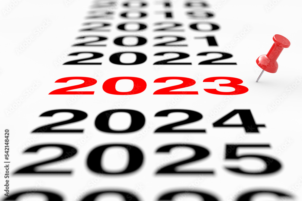 Poster new 2023 year sign with red pin marker. 3d rendering