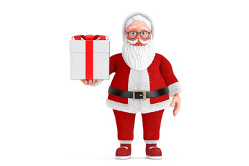 Cartoon Cheerful Santa Claus Granpa with Gift Box and Red Ribbon. 3d Rendering