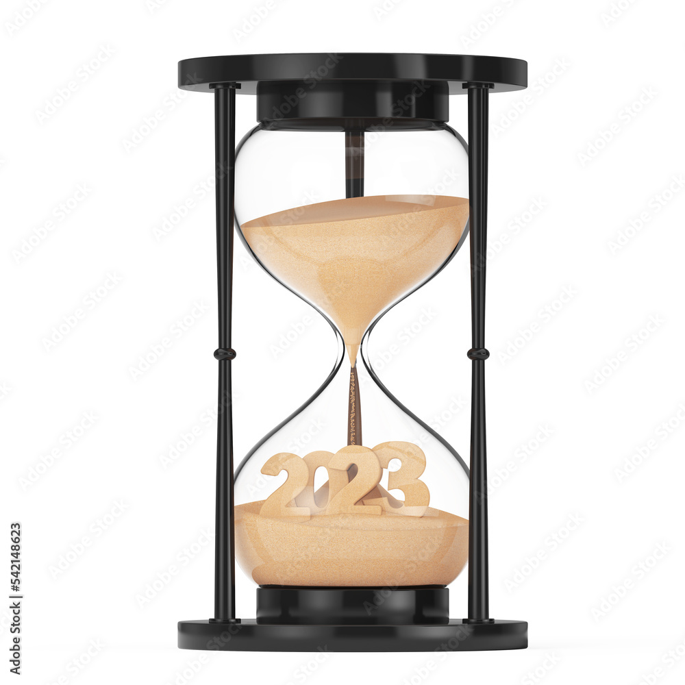 Aufkleber new 20223 year concept. sand falling in hourglass taking the shape to 2023 year. 3d rendering