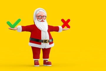 Cartoon Cheerful Santa Claus Granpa with Red Cross and Green Check Mark, Confirm or Deny, Yes or No Icon Sign. 3d Rendering