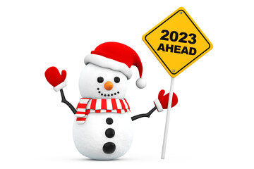 Snowman with 2023 New Year Ahead Sign. 3d Rendering