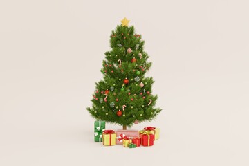 Christmas tree decorated with ornaments. Christmas gifts on off white background. 3d rendering.