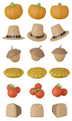 Thanksgiving day Symbols, Icons, Items Set. Festive Items with realistic 3d  pumpkins, Hat, Cheery, pie, Bread, pine cones. Horizontal holiday symbol, isolated on white.