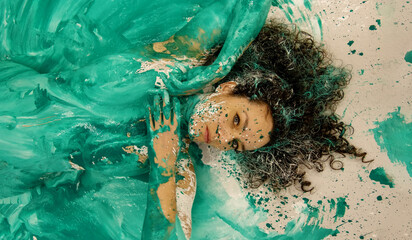 portrait and upper body of young sexy naked woman in green, turquoise color painted, lies...