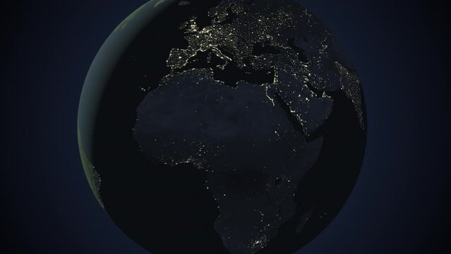 Seamless looping animation of the earth at night zooming in to the 3d map of Saudi Arabia with the capital and the biggest cites in 4K resolution