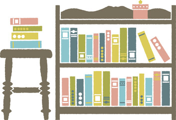 レトロな本棚と椅子と本・かわいい配色