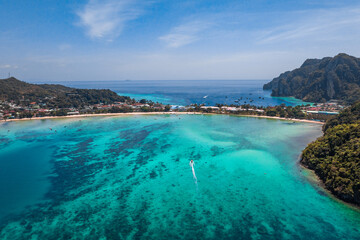 Aerial view of Loh Dalum and tonsai beach in koh Phi Phi islands, Krabi, Thailand