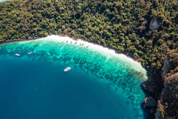 Aerial view of Loh Dalum and tonsai beach in koh Phi Phi islands, Krabi, Thailand