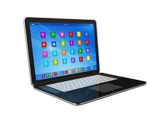 3D Laptop Computer - apps icons interface - isolated on transparent background