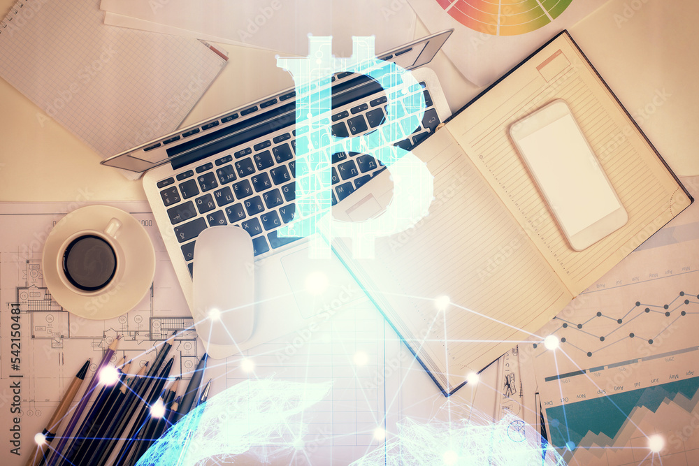 Poster blockchain theme hologram drawings over computer on the desktop background. top view. multi exposure