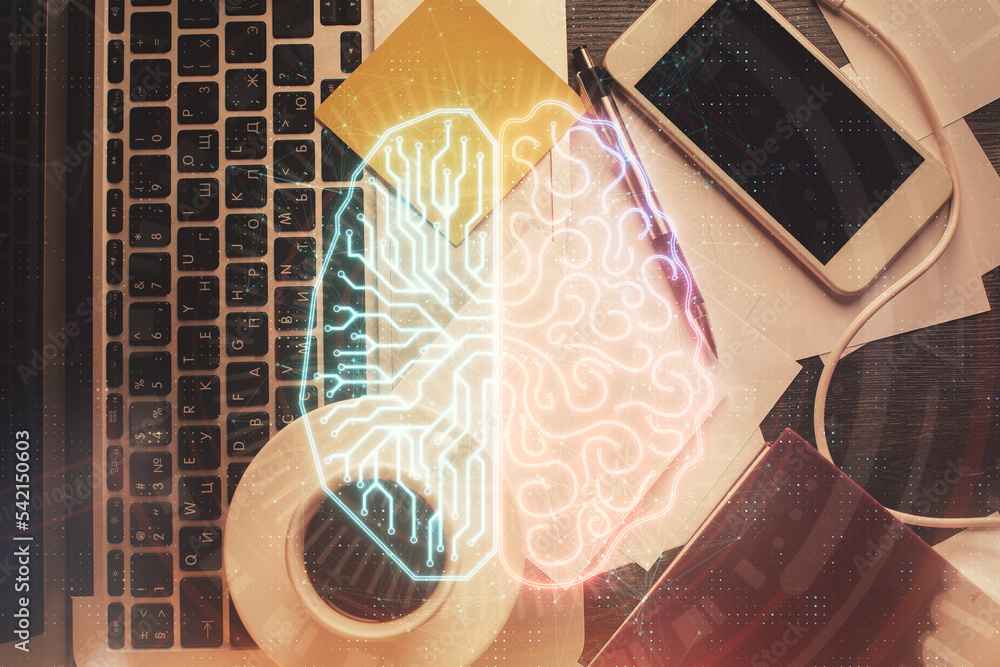 Aufkleber multi exposure of brain sketch hologram over topview work table background with computer. concept of