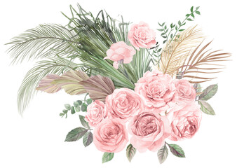 Watercolor illustration with a bouquet with flowers of light roses and dried flowers of pampas grass isolated on white