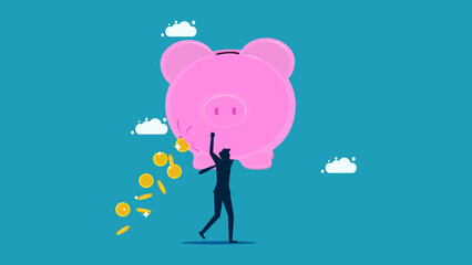 Financial shortcomings. Sut wasted money on savings. Businessman carrying leaky money piggy bank vector