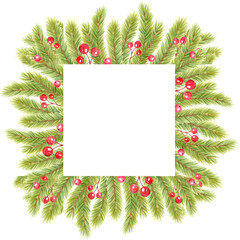 Fototapeta na wymiar Watercolor fir branch frame isolated on white background. Christmas border for greeting cards