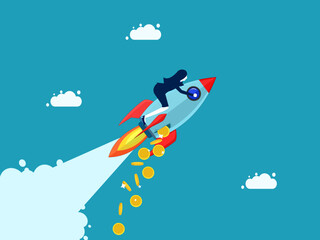 Money flows out of the business. Businesswoman riding a rocket with money flowing out vector