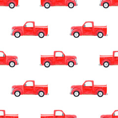 Naklejka premium Watercolor red trucks seamless pattern on white