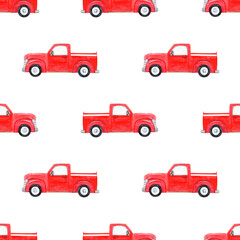 Watercolor red trucks seamless pattern on white