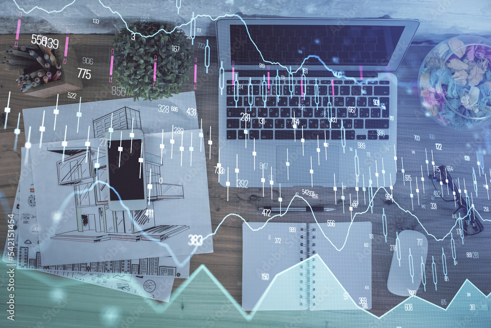 Poster multi exposure of financial chart drawing over table background with computer. concept of research. 
