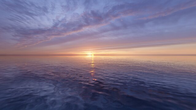 Panorama of sea with sunset vanilla sky with colorful clouds . Beautiful calming sunset background. 3d render.