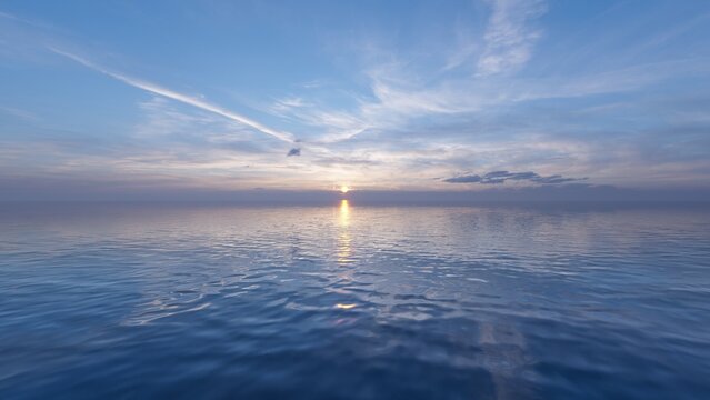 Scene of a sunset sky and sea with soft clouds. 3d render.