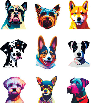 Portrait of cute dogs. Set of vector illustrations. Dalmatian, Labrador, Husky, Bulldog, Doberman, Shiba Inu, Akita, Corgi, Chihuahua, Dachshund