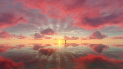 3d render of scenic sunset on calm sea with pink and warm colors, clouds and sailing boat.