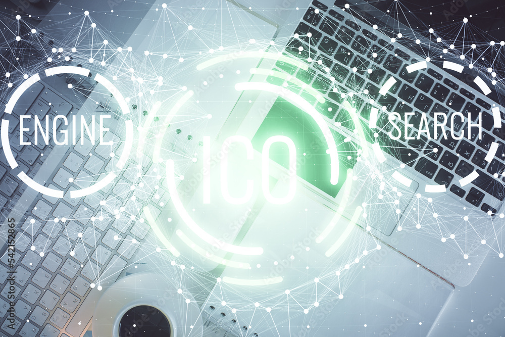 Poster blockchain theme hologram drawings over computer on the desktop background. top view. double exposur