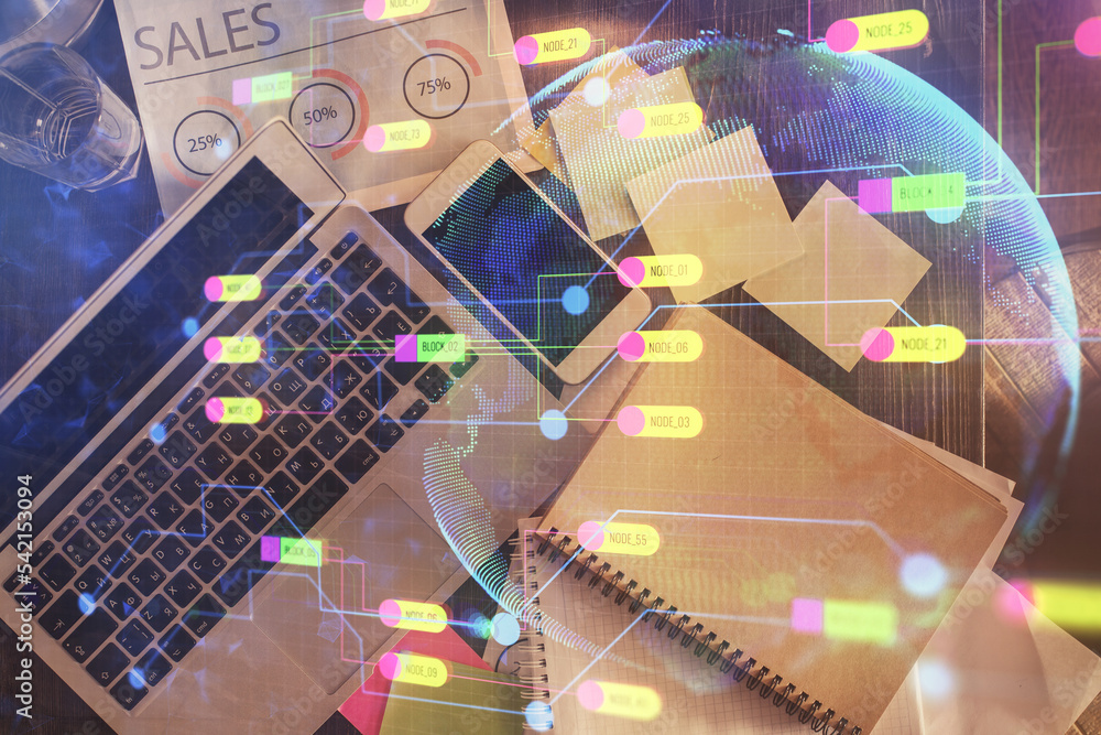 Poster Multi exposure of data theme drawing hologram over topview work desk background with computer. Concept of technology.