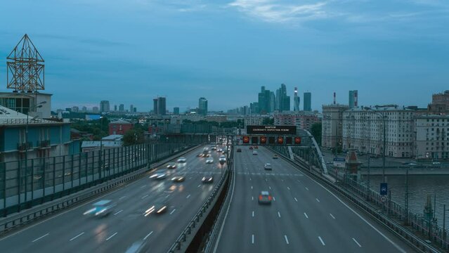 time lapse view of Moscow city and traffic from Novoandreevskiy Bridge, Russia