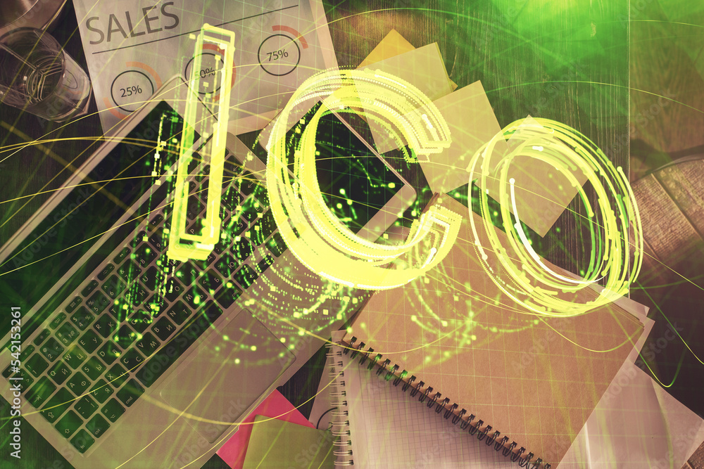 Poster Blockchain theme hologram drawings over computer on the desktop background. Top view. Double exposure.