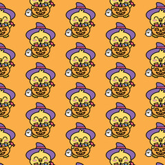 A CUTE CHICKEN WITCH IS HOLDING A BUCKET OF CANDIES PATTERN