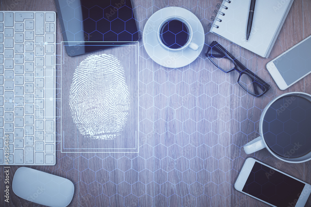 Poster Double exposure of finger print over table with phone. Top view. Concept of mobile security.